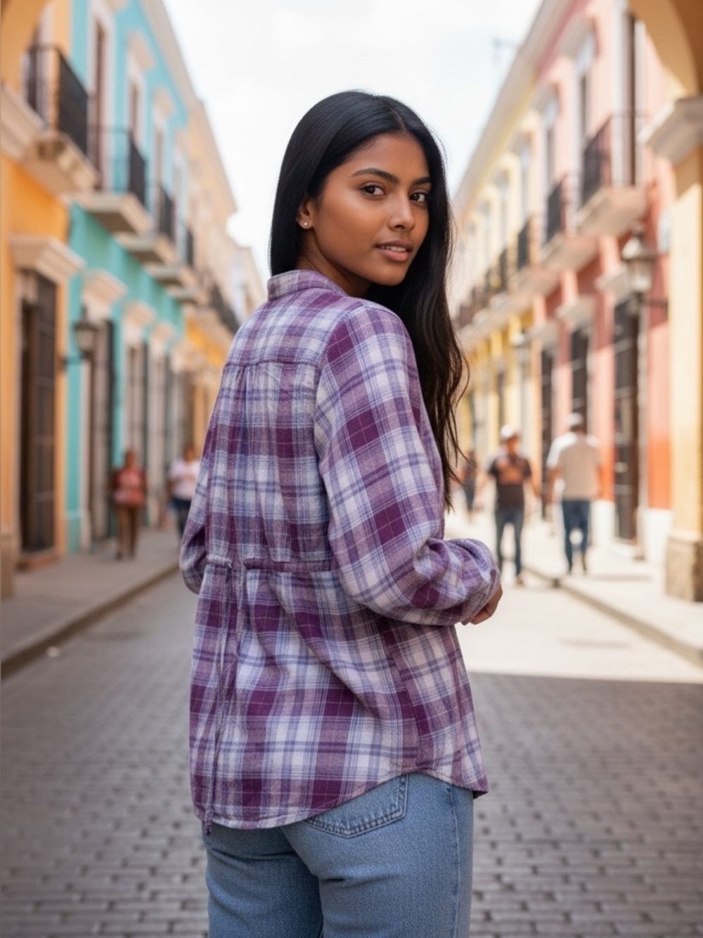 Tommy Hilfiger purple plaid pintuck button up top